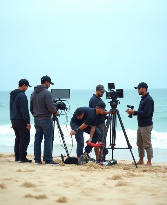 해변에서 작업 중인 촬영팀