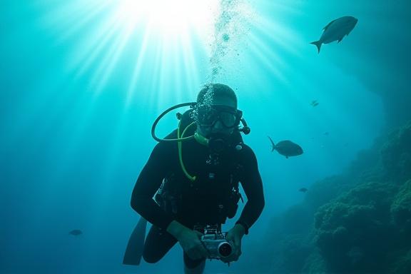 수중 촬영 장비를 든 다이버